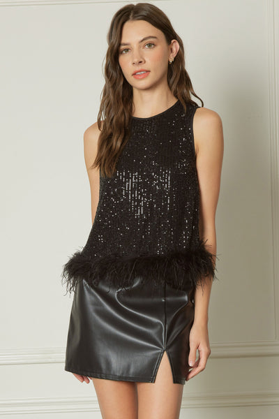 Black Sequin Top with Feather Detail